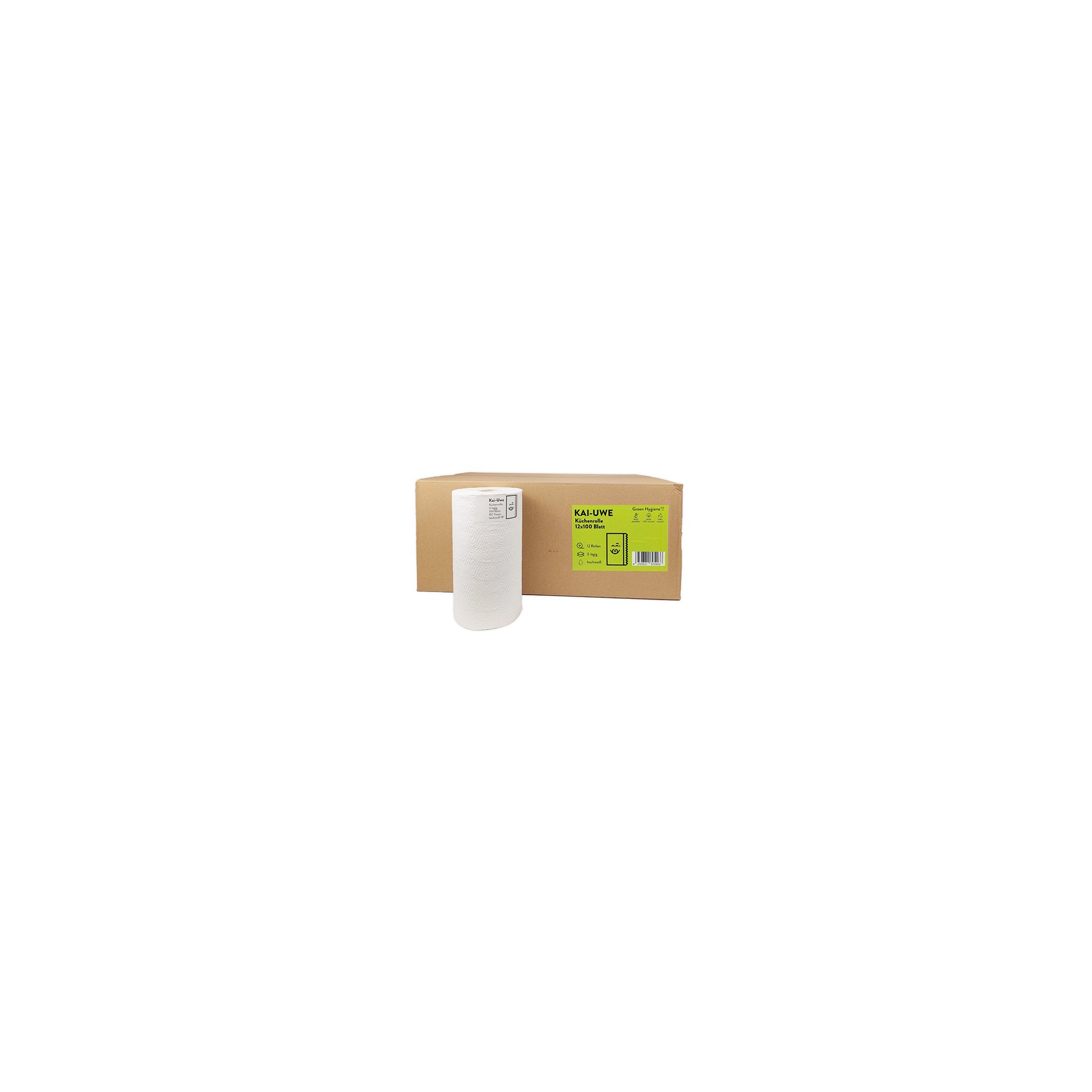 Rollen "Green Hygiene" Küchenrollen "KAI-UWE" Ø 13 cm · 22 cm x 24,7 cm 100 Blatt, 3-lagig Rollen "Green Hygiene" Küchenrollen "KAI-UWE" Ø 13 cm · 22 cm x 24,7 cm 100 Blatt, 3-lagig