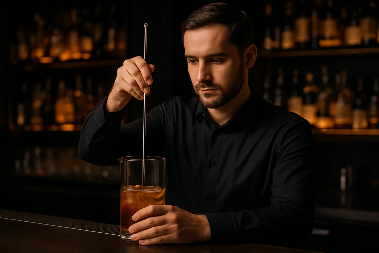 Barkeeper rührt Getränk mit langem Rührstab an der Theke