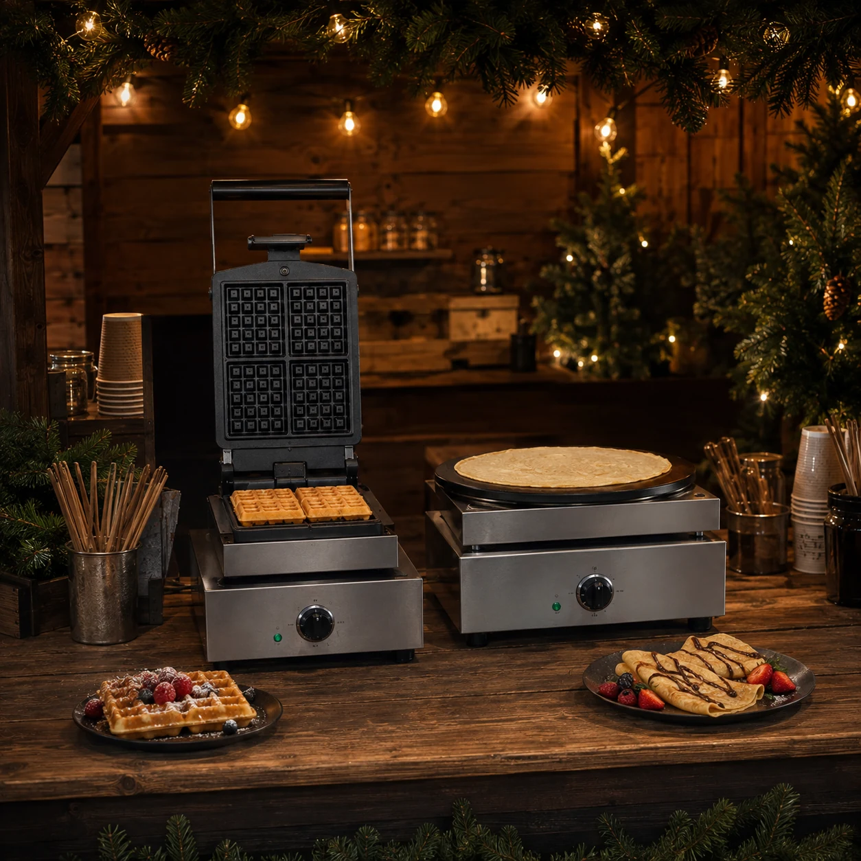 Waffeleisen und Crêpesgerät für die professionelle Zubereitung auf dem Weihnachtsmarkt