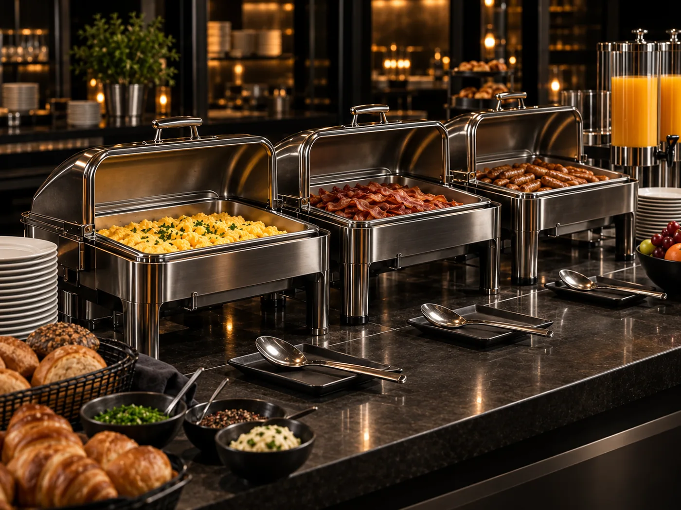 Chafing Dishes für die professionelle Warmhaltung von Frühstücksspeisen im Hotelbuffet