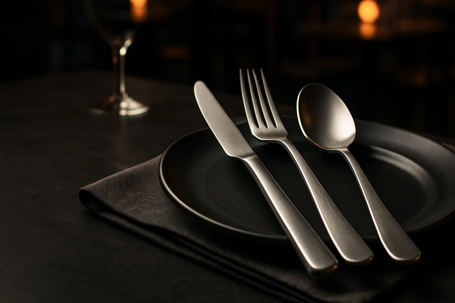 Auswahl an Besteck auf gedecktem Tisch im Gastronomieservice