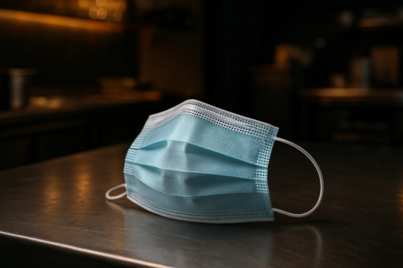 Einwegmaske auf Arbeitsfläche in Gastronomieumfeld