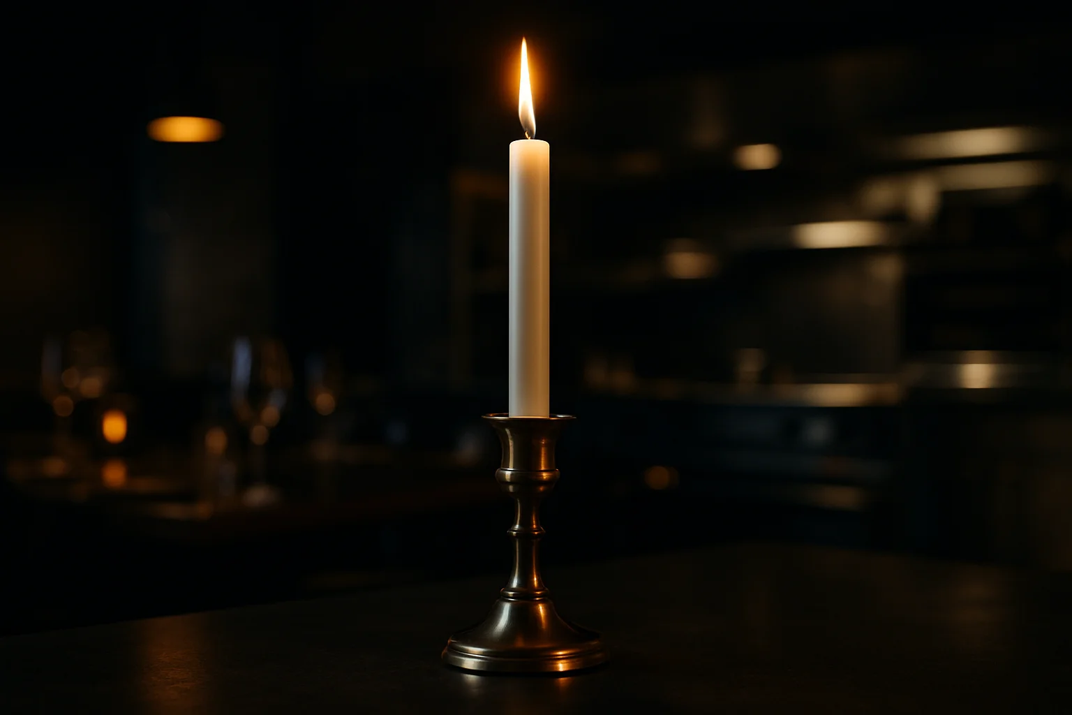lange leuchterkerzen in klassischem kerzenleuchter auf gedecktem gastronomie-tisch