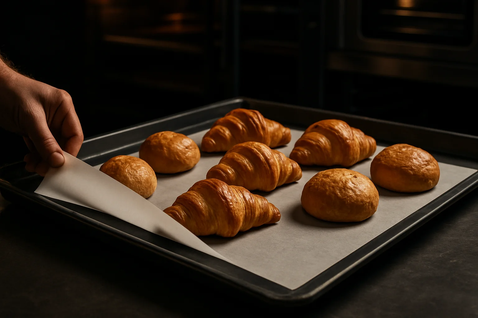 Backtrennfolie auf Backblech mit frisch gebackenem Brot in Profi-Bäckerei