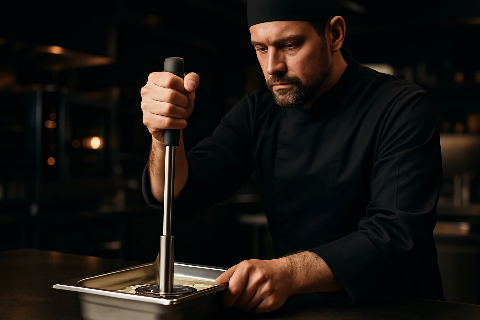 Ergonomischer Griff eines Stampfers in Gebrauch in professioneller Kuche