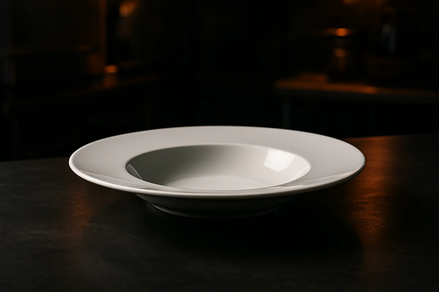 Suppenteller mit Mulde auf dunklem Gastronomie-Tabletop
