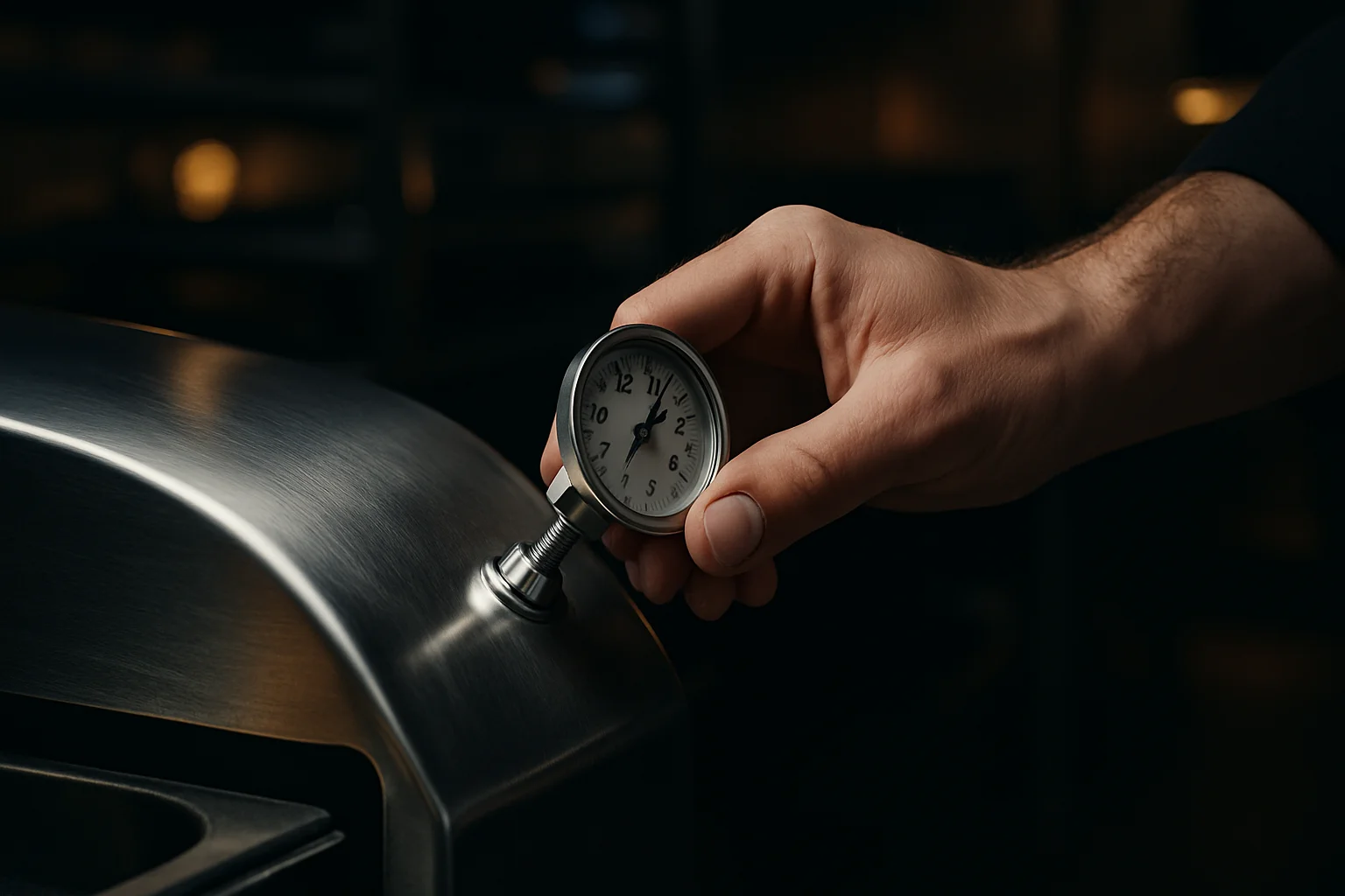 Detailaufnahme Montage eines Thermometers in einer Profiküche