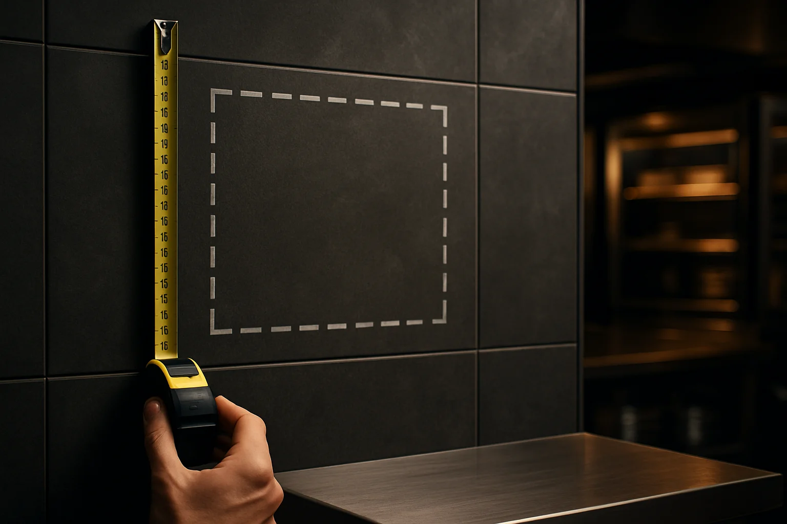 Maßband an Wand neben markierter Montagefläche für ein Wandboard