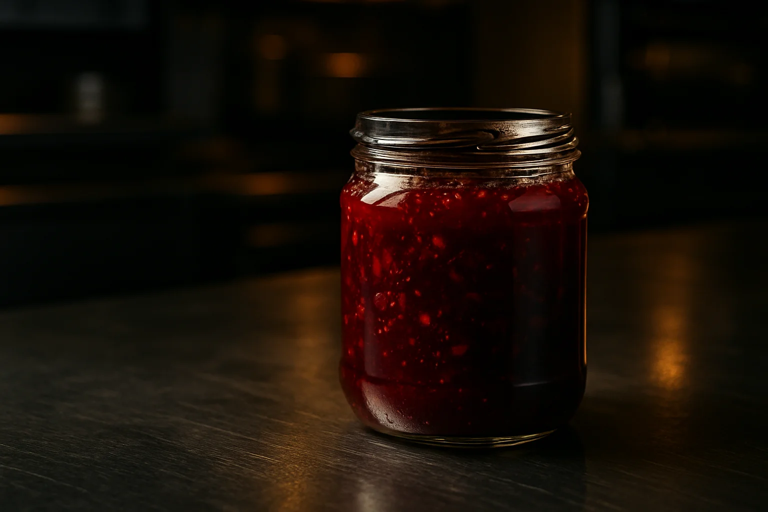 Marmeladenglas mit Fruchtfüllung auf Edelstahlfläche