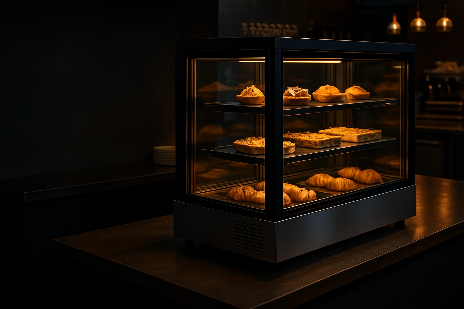 Kühlvitrine in gastronomischer Thekenumgebung zur Präsentation von Speisen