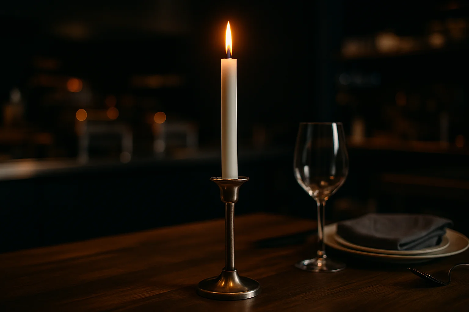 Leuchterkerze im Metallleuchter auf gedecktem Restauranttisch