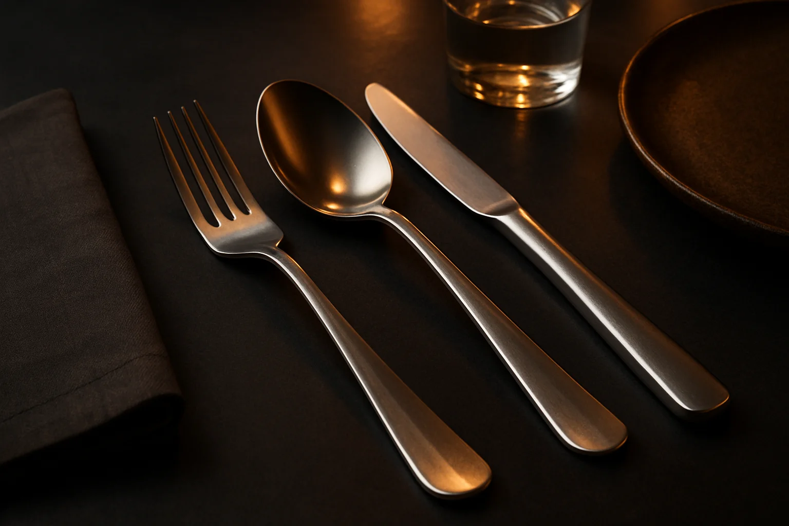 komplettes besteckset mit messer gabel und loeffel auf gedecktem tisch