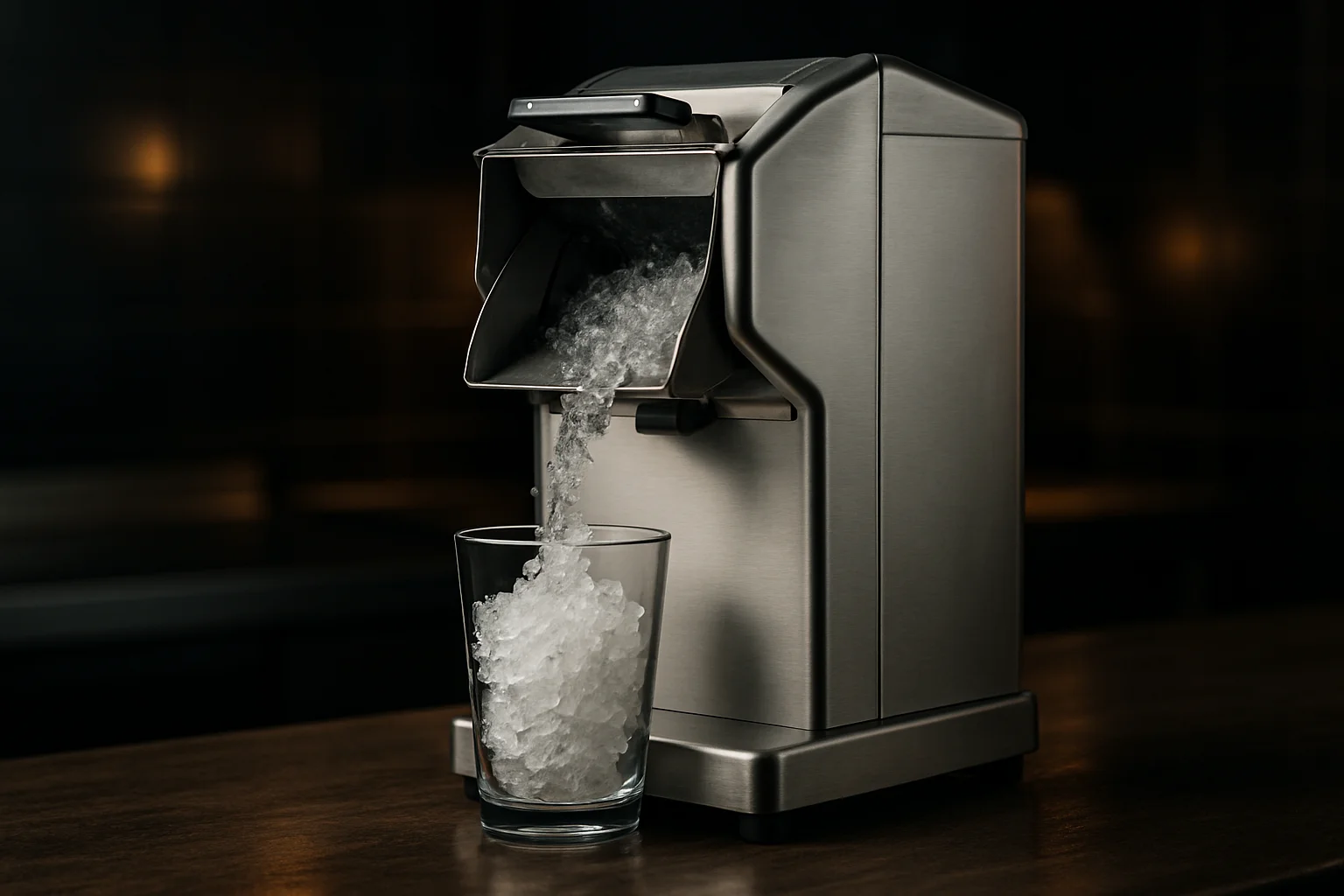 eiscrusher in aktion crushed eis faellt in glas an theke