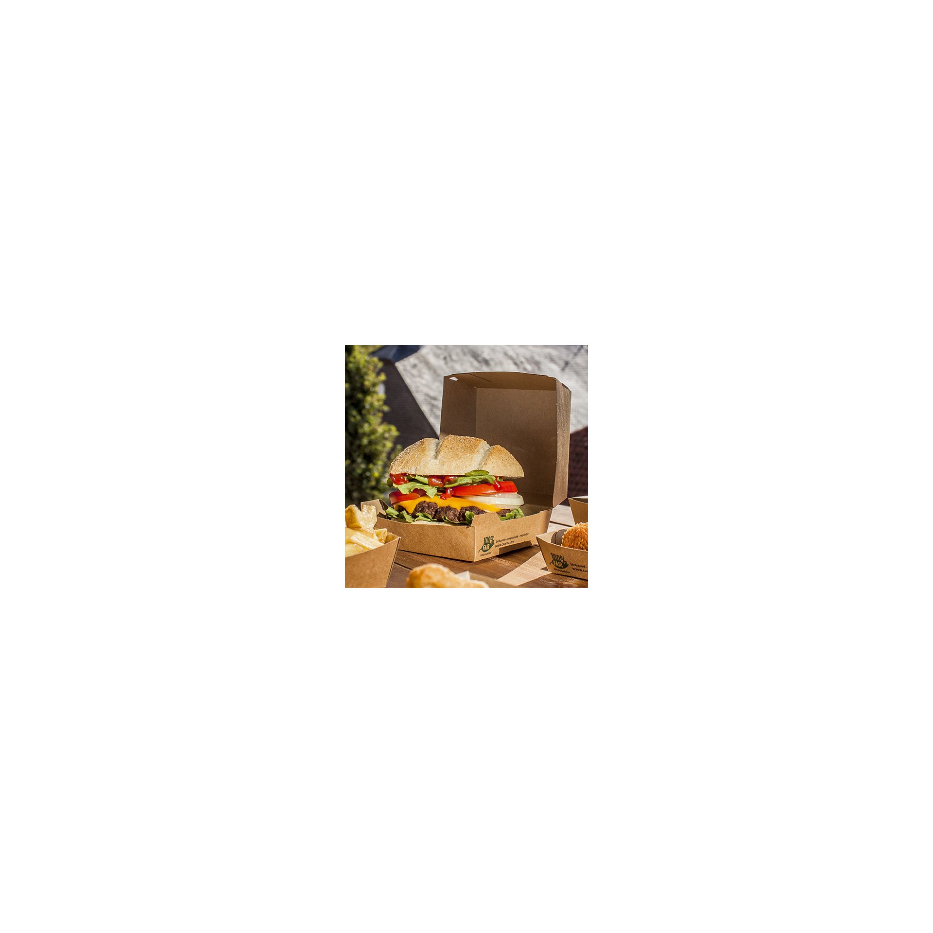 Burgerboxen, Pappe 8,5 cm x 15,5 cm x 15,5 cm braun "100% Fair" extra groß