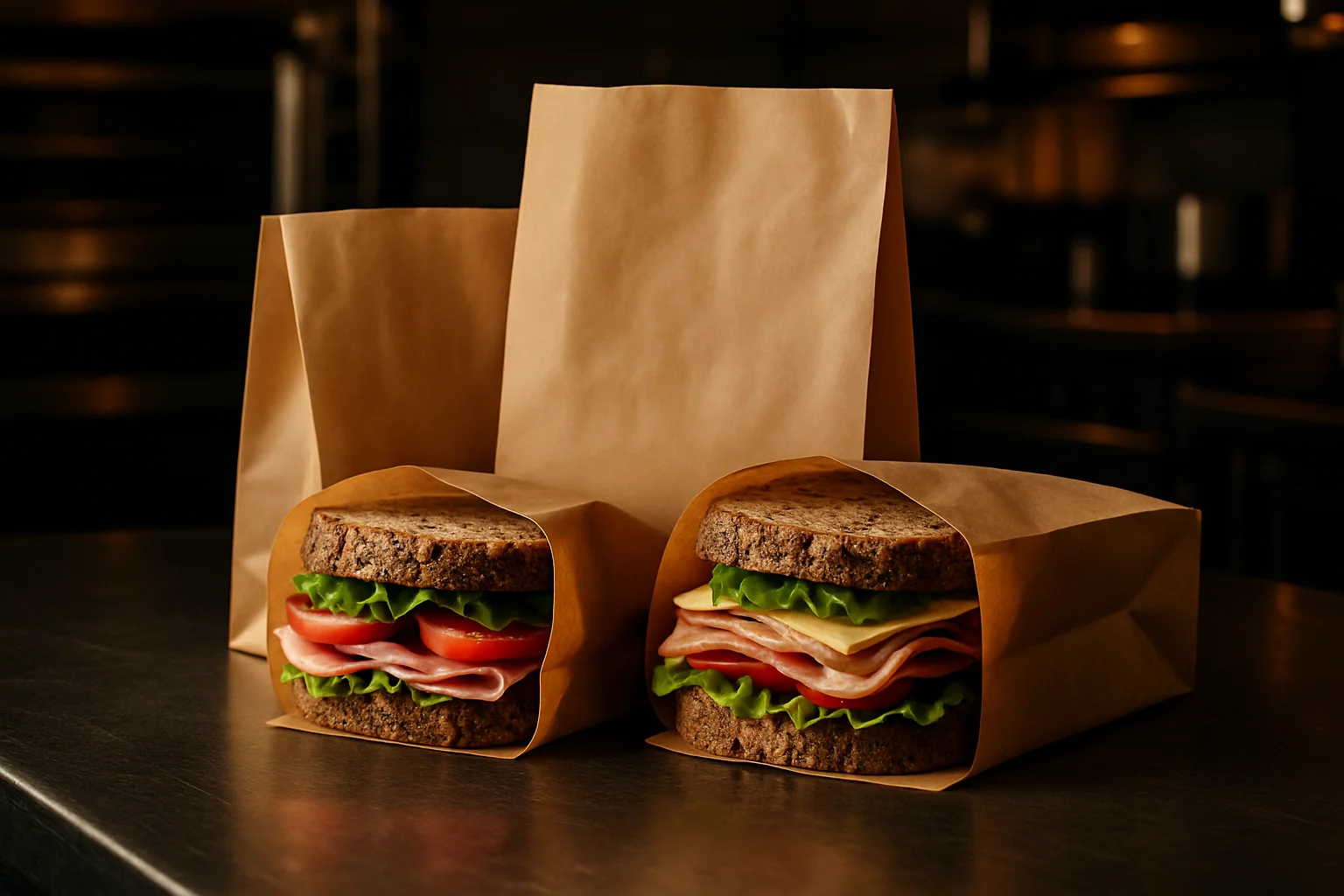 Papier lunchbeutel mit sandwich und beleg im gastronomie-kontext