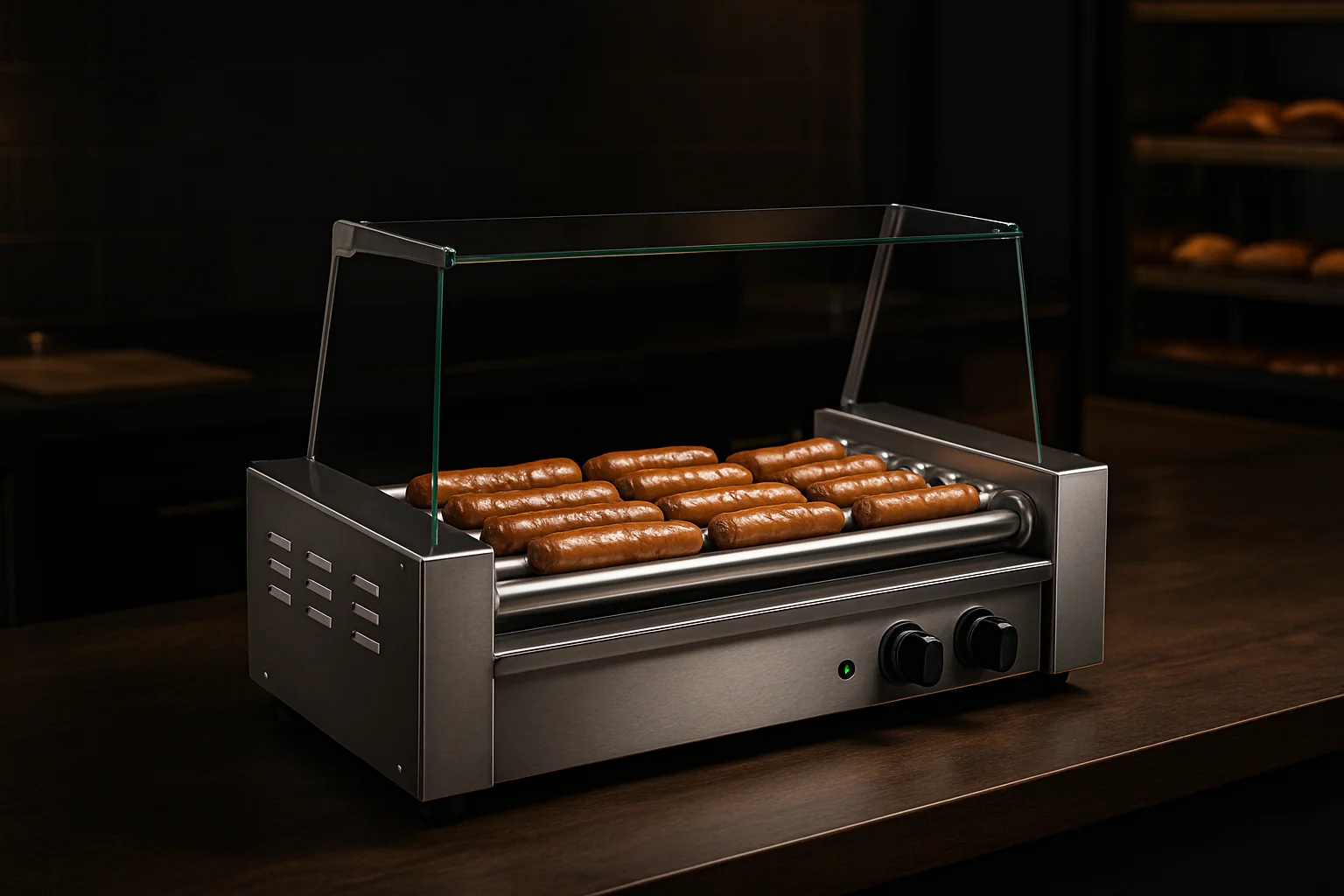 Rollgrill in professioneller Großküche, Seitenansicht mit sichtbaren Rollen und Bedienseite