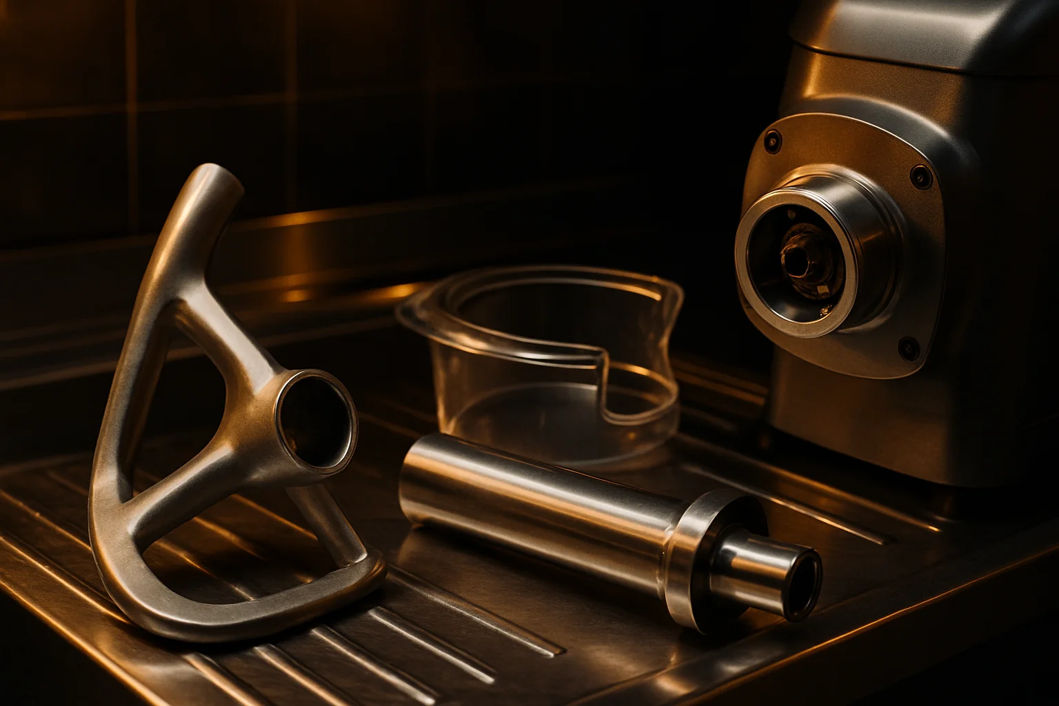 demontierbare teile einer küchenmaschine auf edelstahlspüle