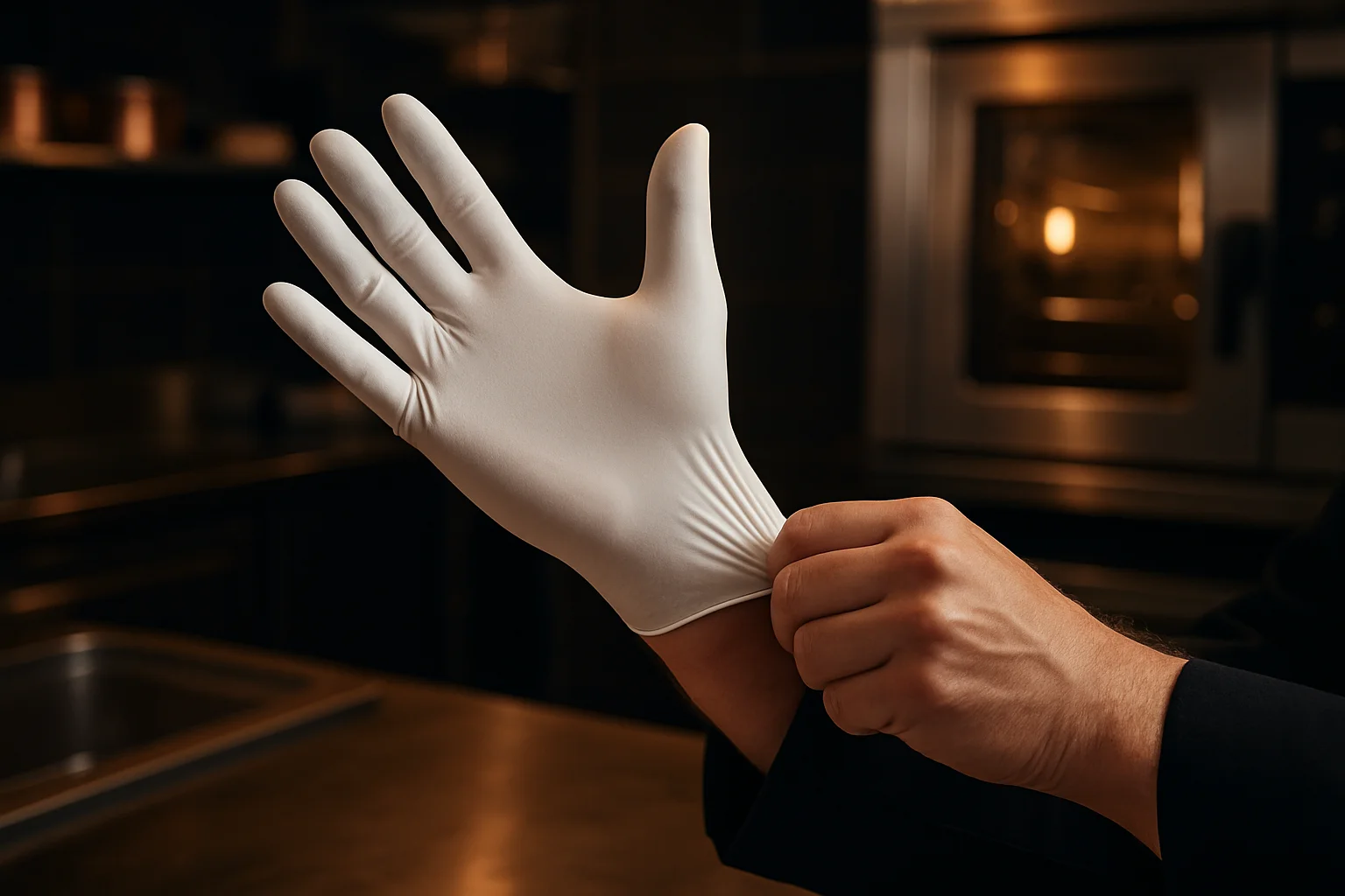 Mitarbeiter testet Handschuhgröße in Küche