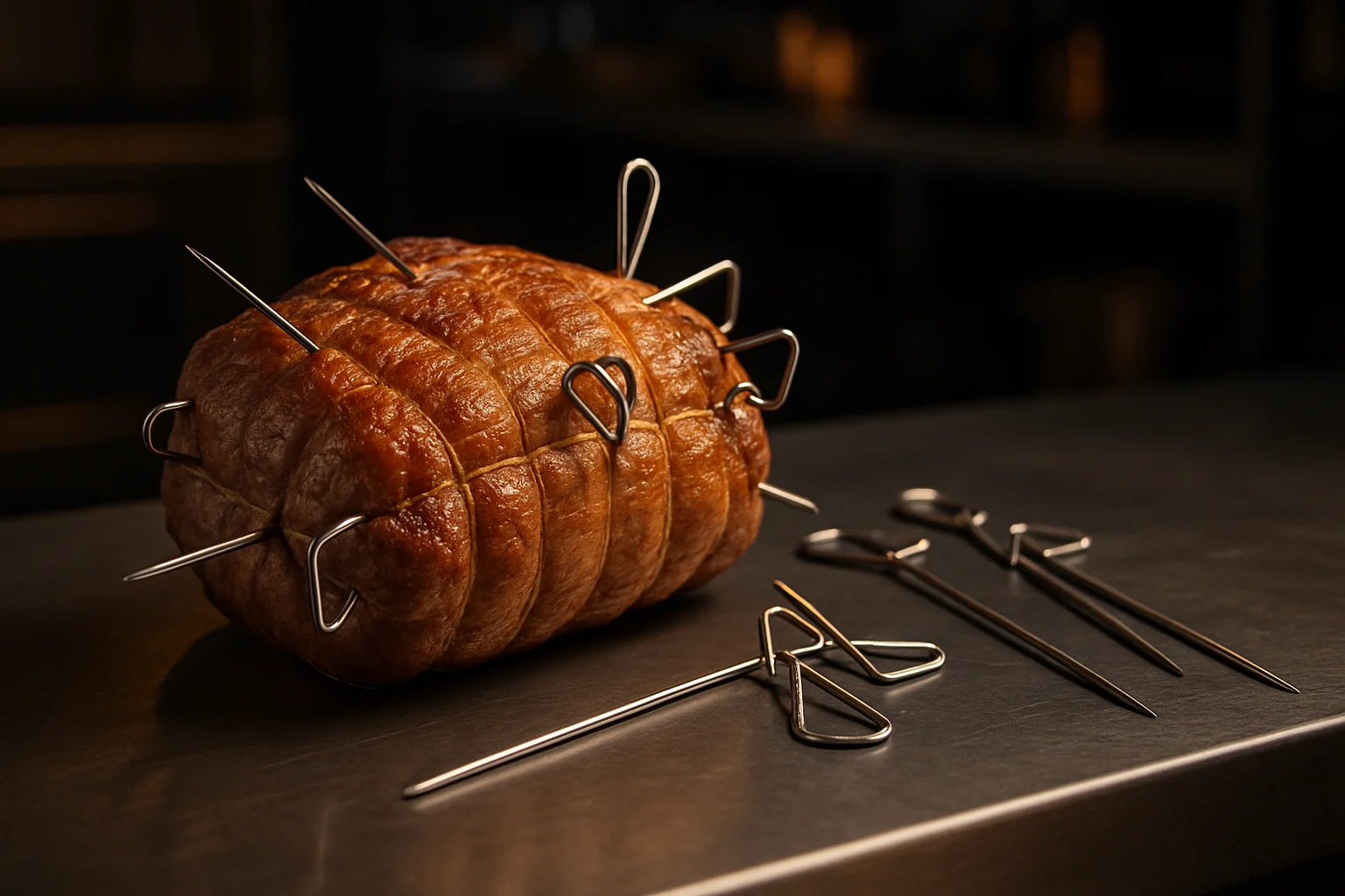 Spieße und Klammern fixieren einen Braten auf professioneller Arbeitsfläche