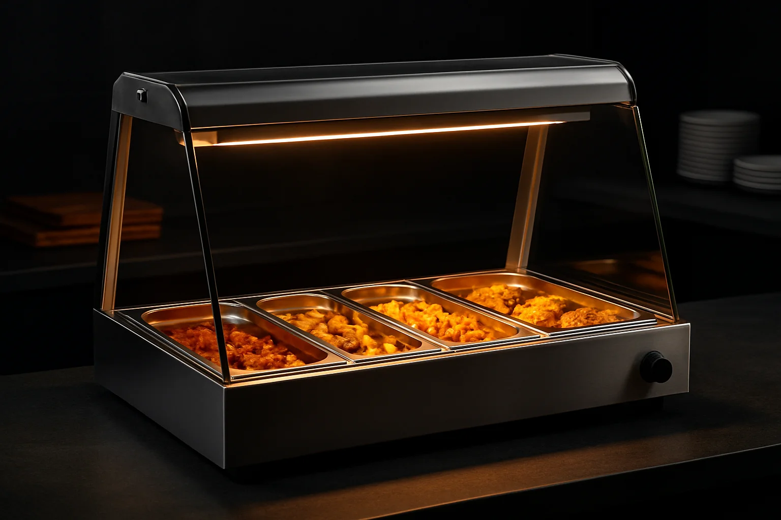 Warmhaltevitrine mit GN-Schalen auf Buffet