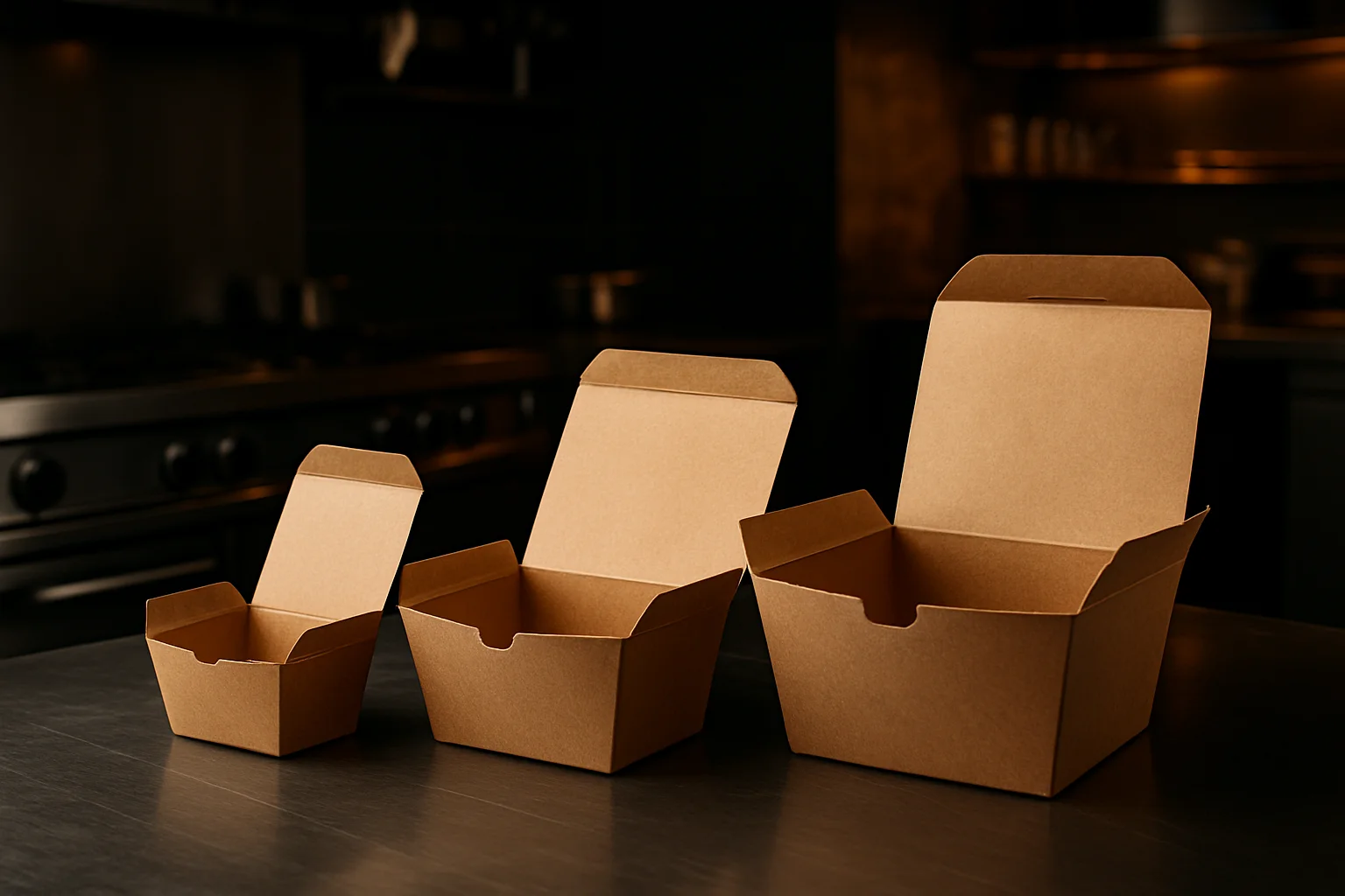 Vergleich verschiedener Verpackungsgrößen in einer professionellen Küche