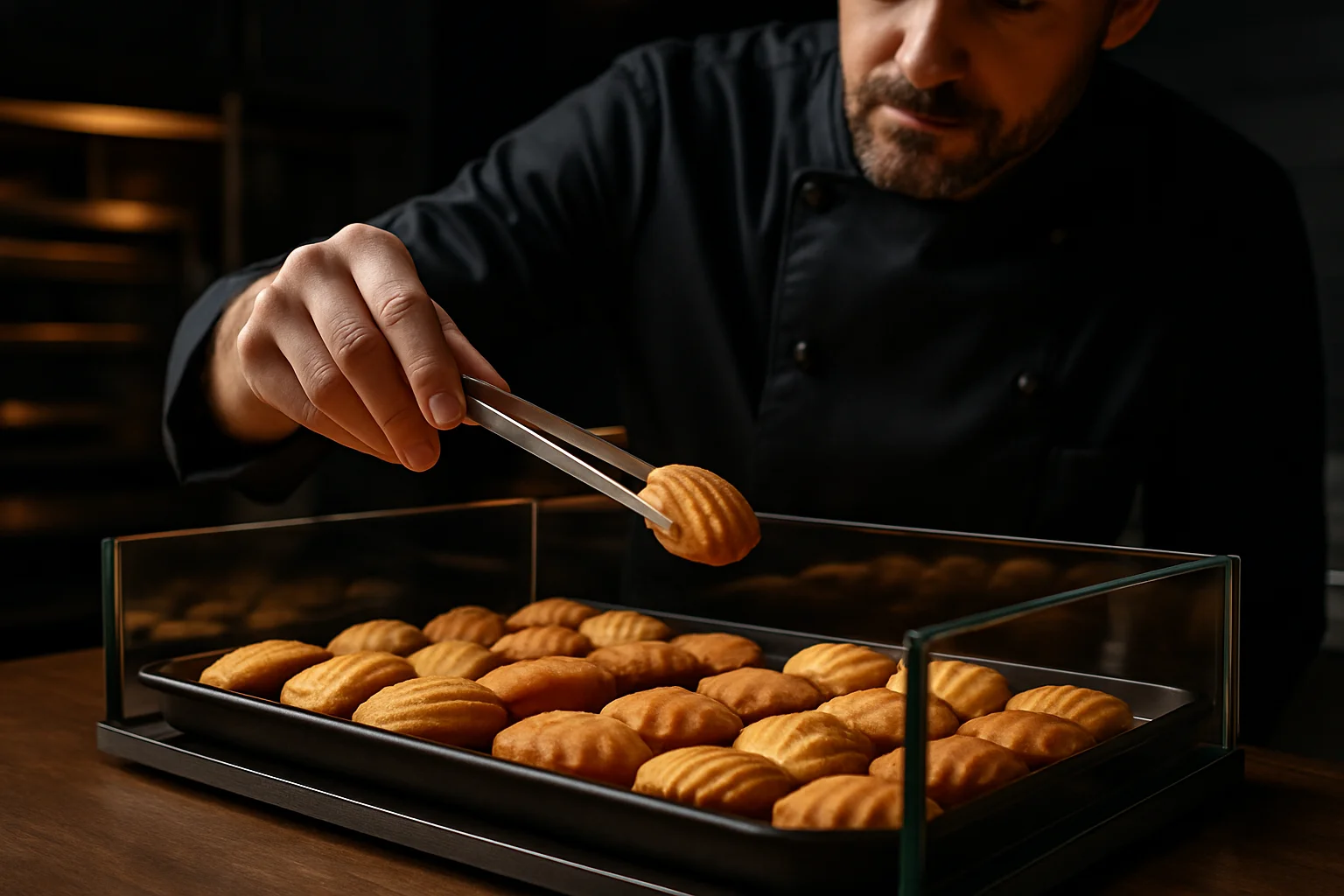 Gebäckzange beim Herausnehmen von Gebäck in Bäckerei
