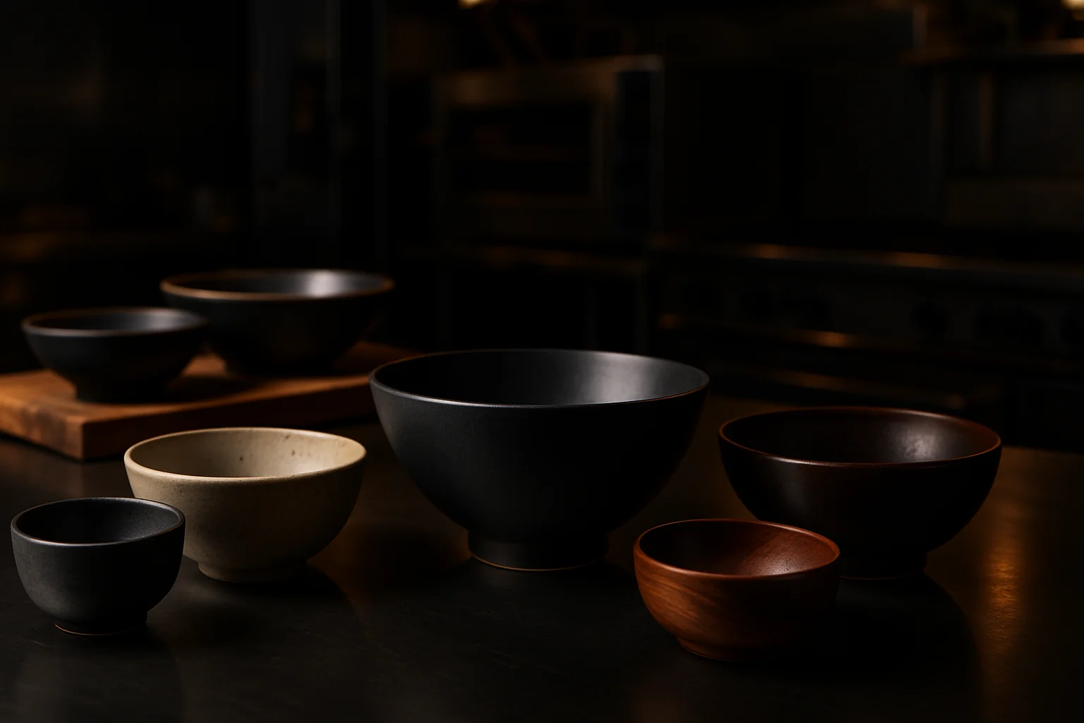 Schalen und Bowls auf einem Serviertisch in einer professionellen Gastronomieumgebung