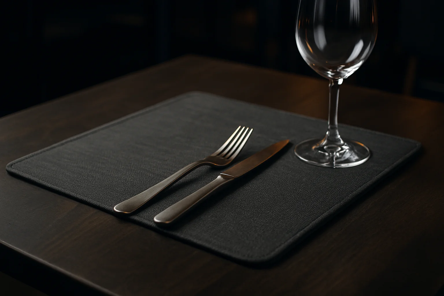 Tischset auf Restauranttisch, Einzelplatzansicht mit Besteck
