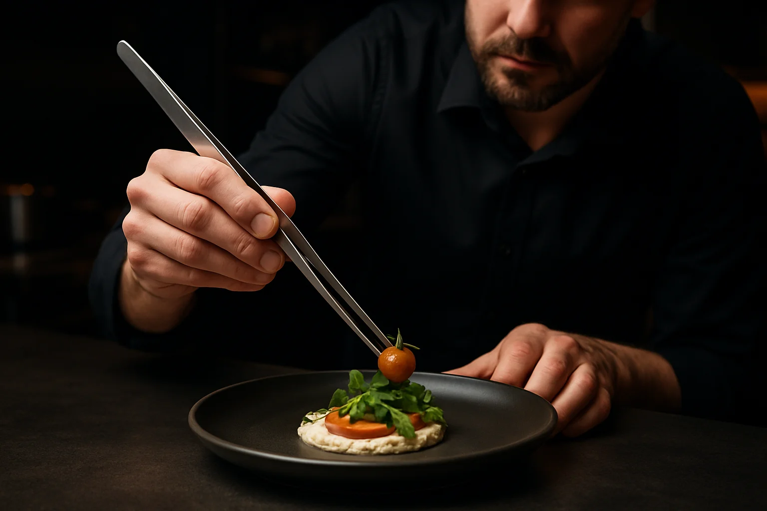 Servierzange beim präzisen Anrichten einer Vorspeise in Restaurantküche