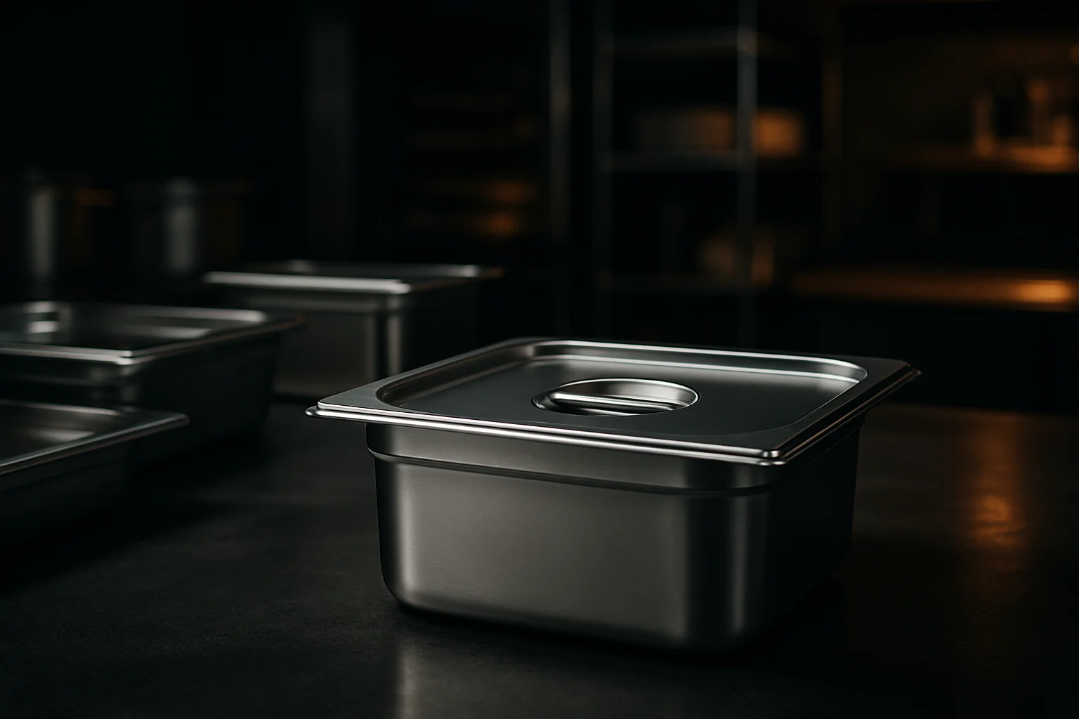 GN-Deckel auf GN-Behältern in professioneller Küchenumgebung; ruhige linke Bildfläche für Text.