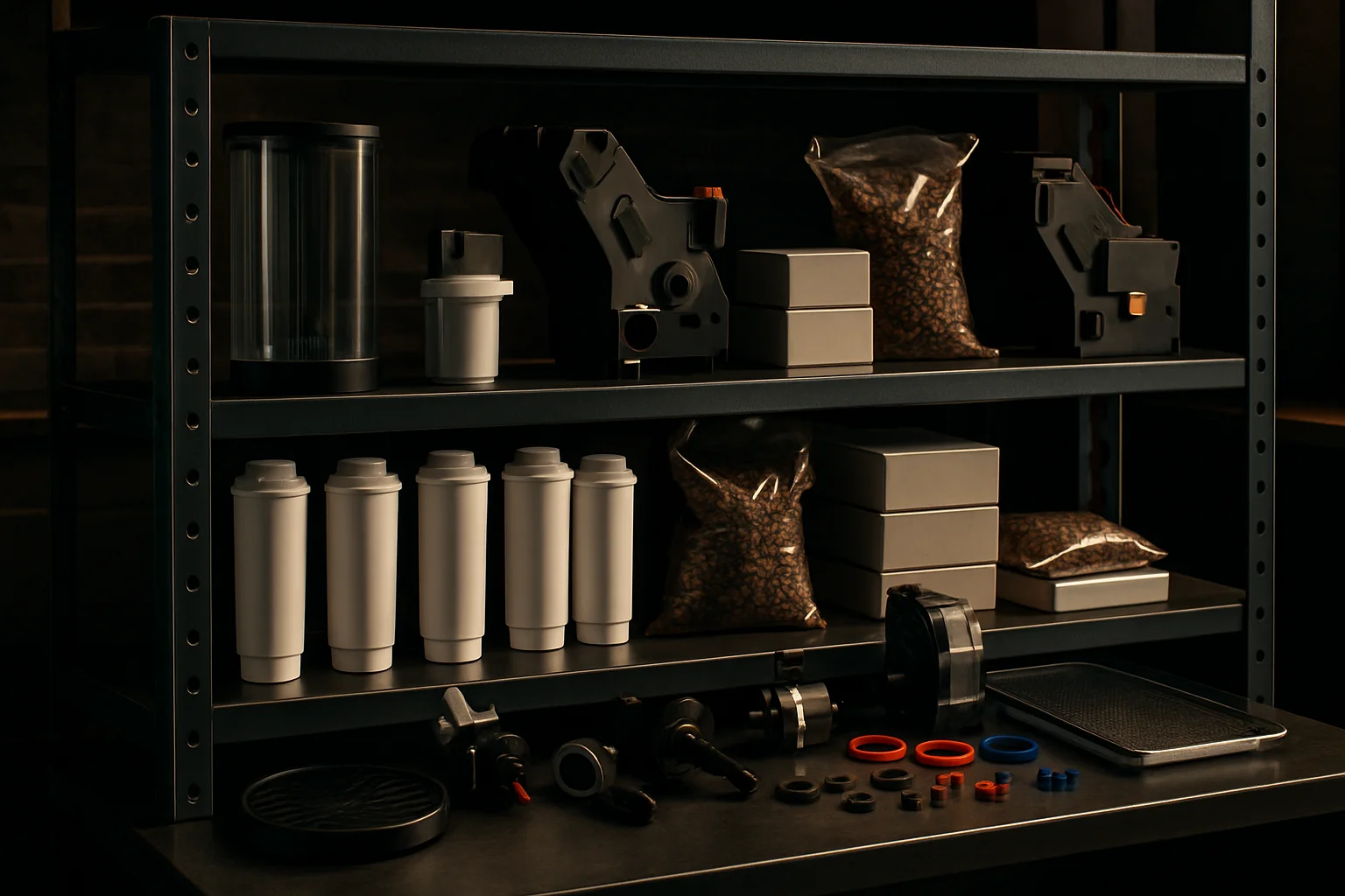 Regal mit Ersatzteilen und Verbrauchsmaterial für Kaffeevollautomaten