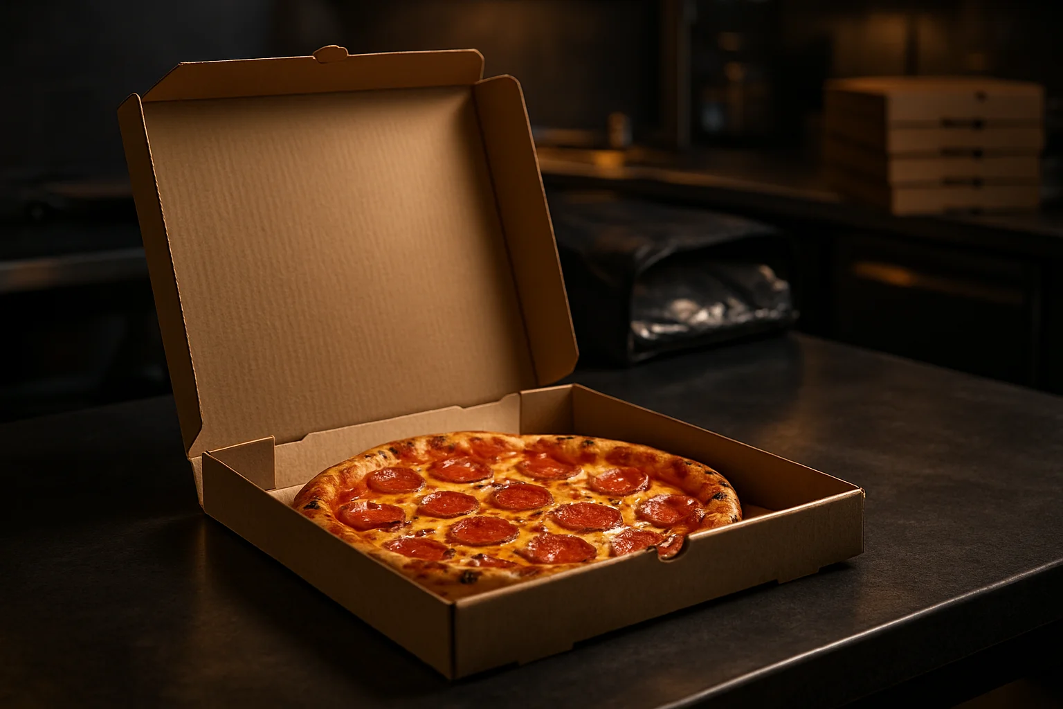 Pizzakarton mit Pizza fuer Lieferdienst