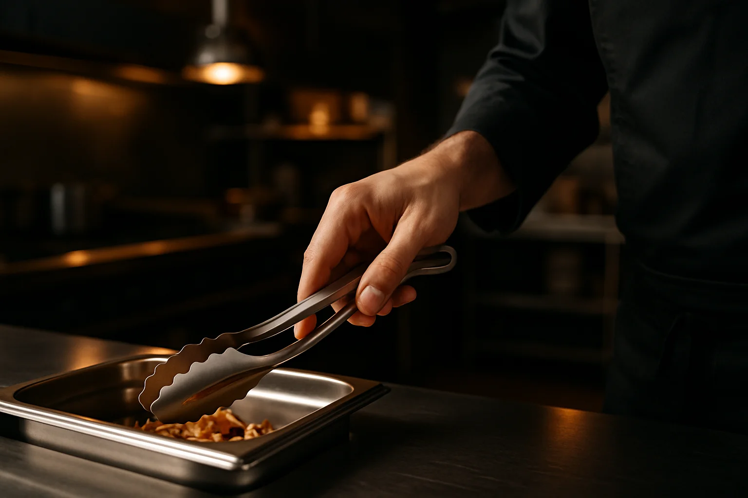Ergonomische Küchenzange in Handhabung an Ausgabetheke