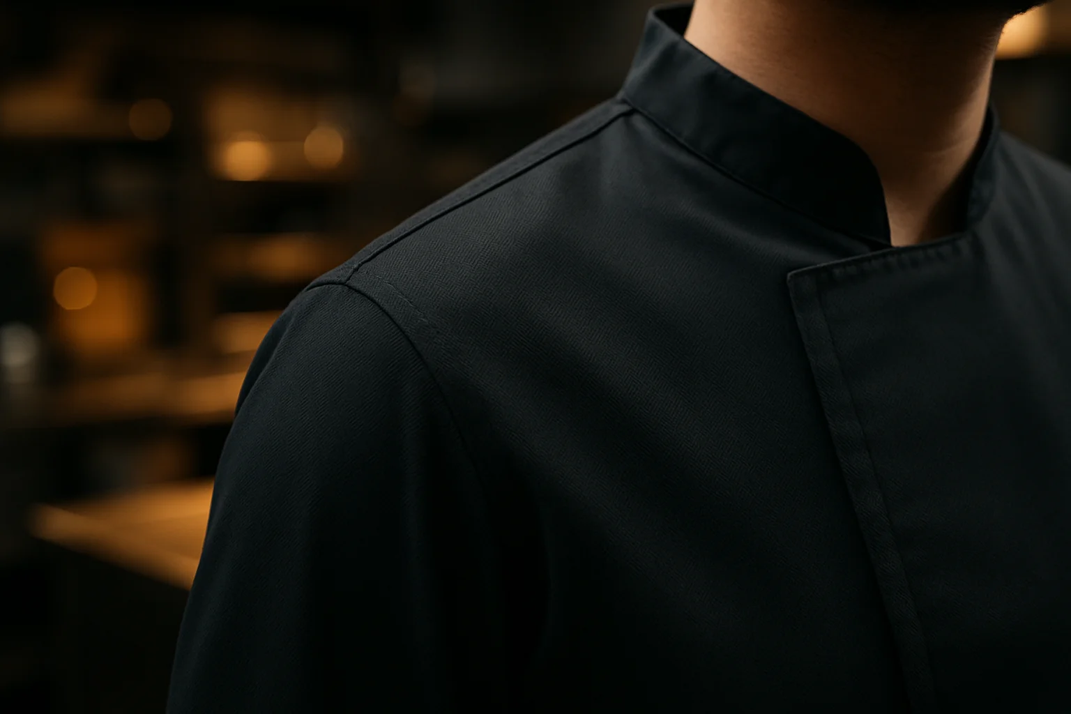 Detailaufnahme des Stoffes einer Kochjacke zur Beurteilung von Material und Tragekomfort