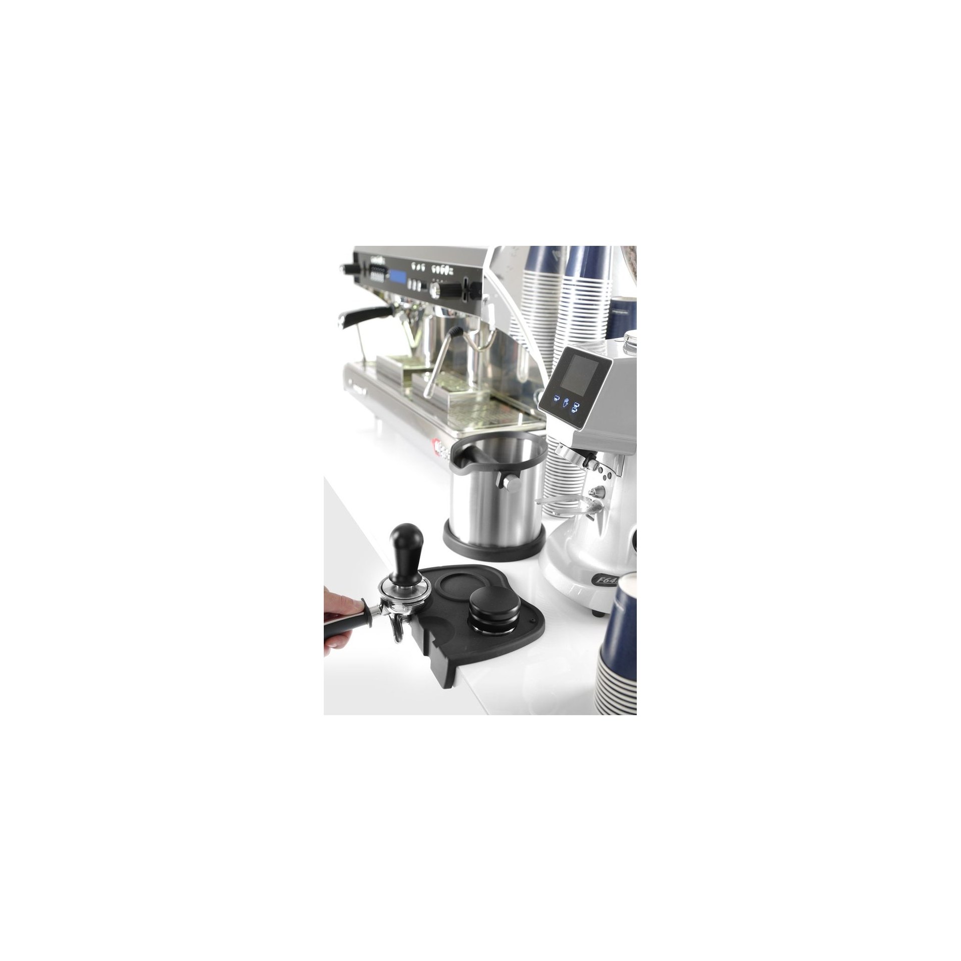 Stampferunterlage, doppelt, 205x150x(H)45mm Kaffee-Stampfer mit Feder, ⌀58x(H)100mm