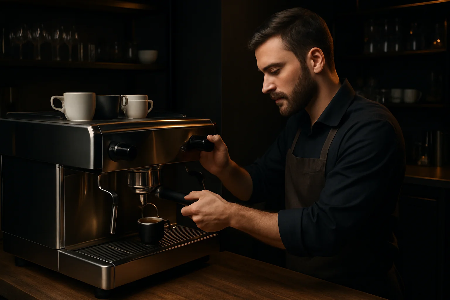Barista bedient Kaffeemaschine an Theke