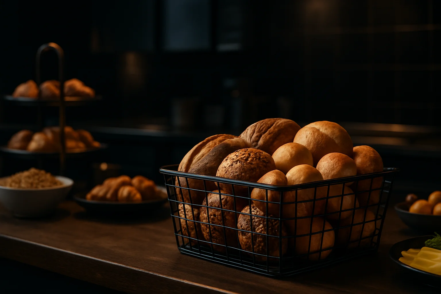 Präsentationskorb mit Brot und Brötchen auf Buffet in professioneller Gastronomie