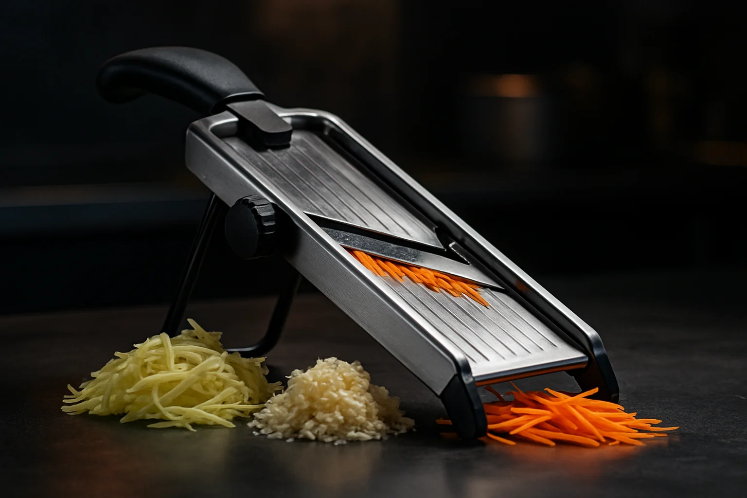 Mandoline und Reibe mit frisch geschnittenem Gemuese in Gastronomie