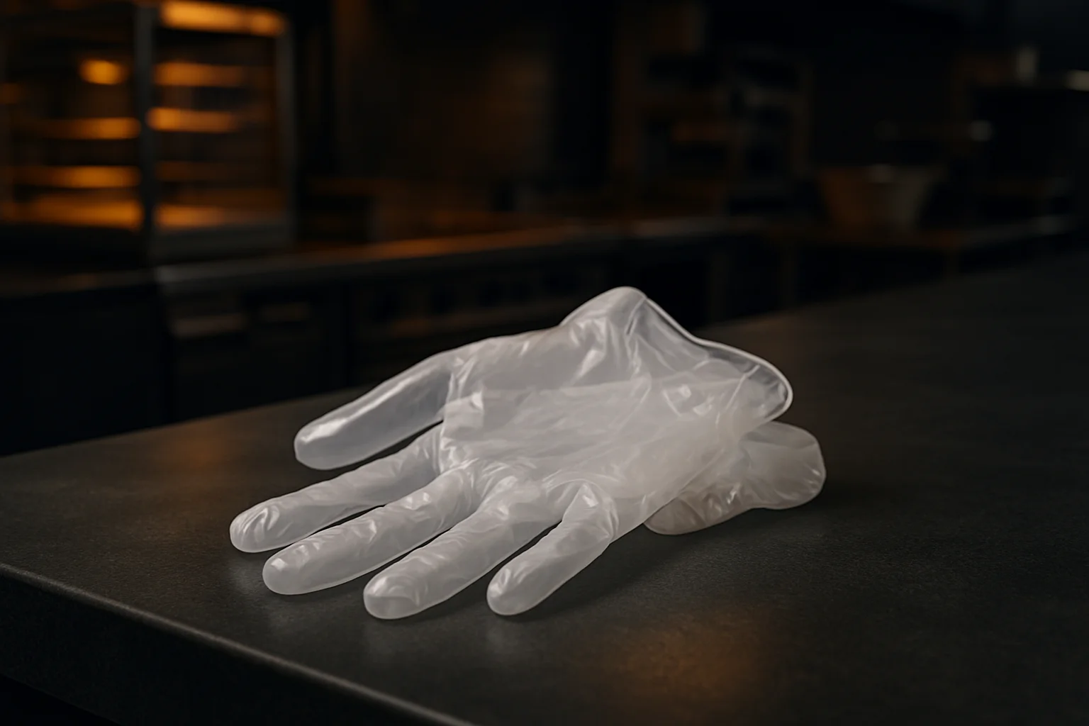 Transparente Vinylhandschuhe auf Service-Theke in Restaurantumgebung