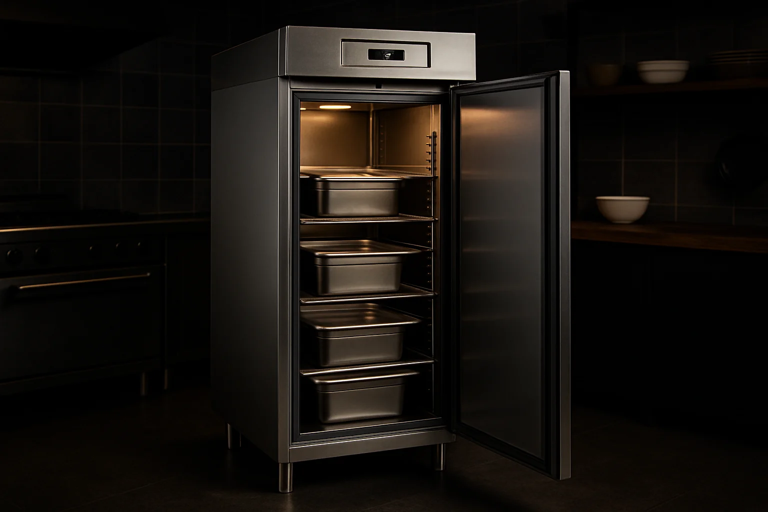 Gewerblicher Kühlschrank in Profi-Großküche mit geöffneter Tür und Lagerregalen