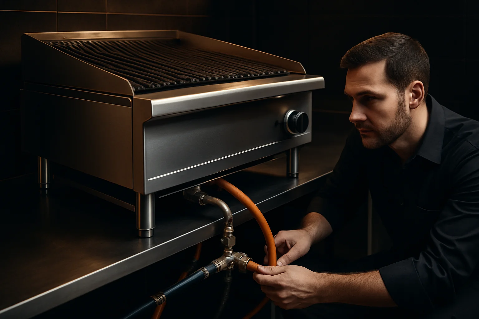 Anschlüsse und Einbauumgebung eines gewerblichen Grillgeräts in Profi-Küche