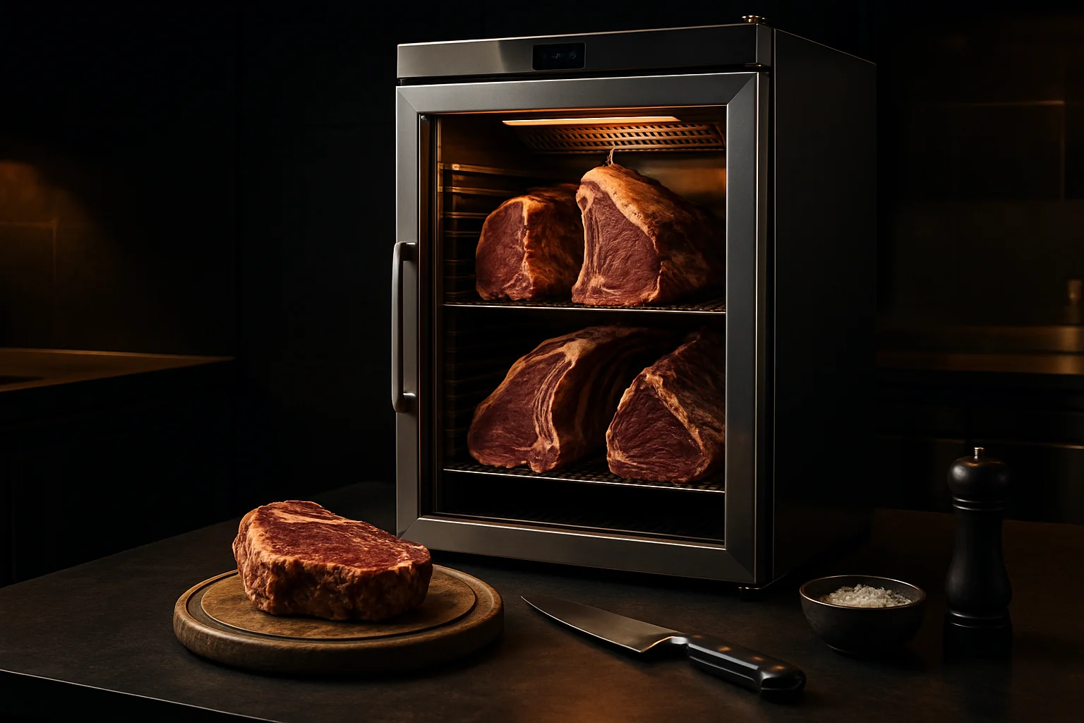 Dry-Age-Schrank mit hängenden Fleischstücken in professioneller Küche