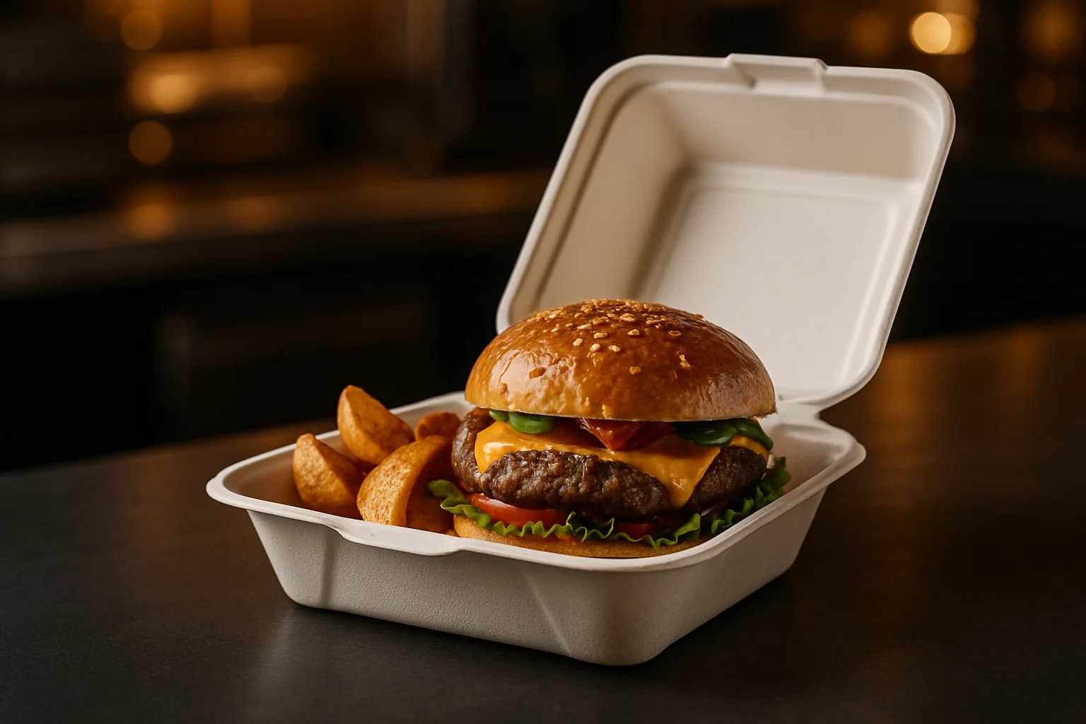 Burgerverpackung mit Burger und Beilage zum Mitnehmen