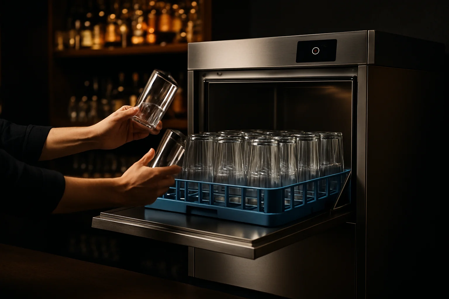 Glaeserspuelmaschine beim entladen von glaesern in professioneller bar