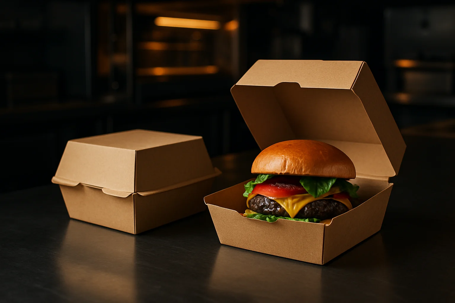 Burgerbox aus Karton geöffnet mit Burger in Gastronomie-Umgebung