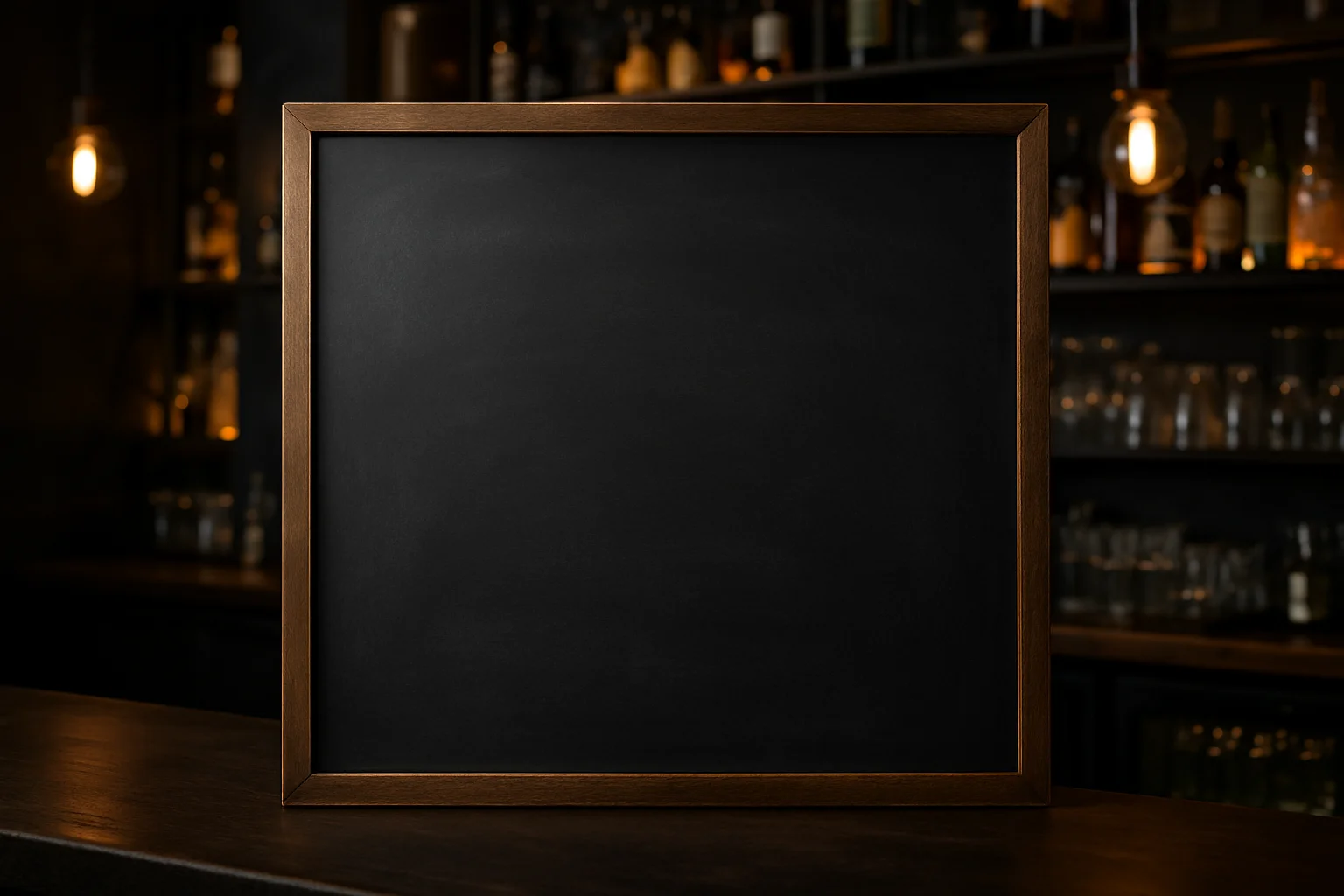 Große Kreidetafel in Restaurant-Theke, schwarze Tafelfläche und Holzrahmen
