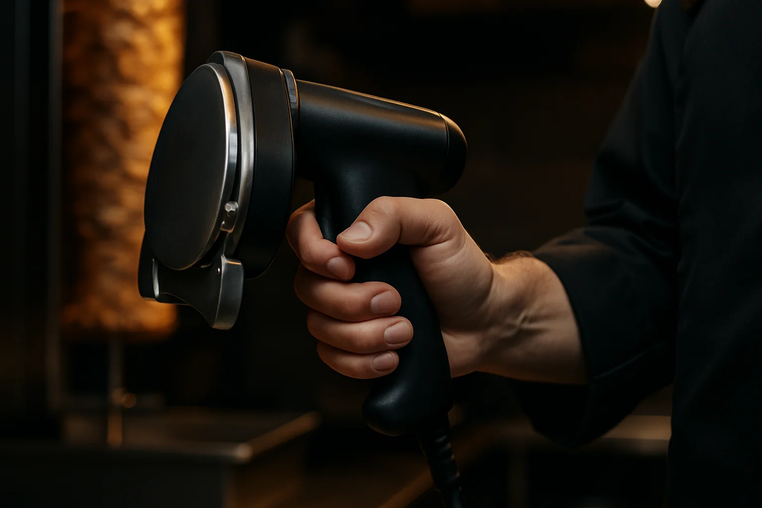 Nahaufnahme ergonomischer Griff eines Dönermessers bei professionellem Einsatz