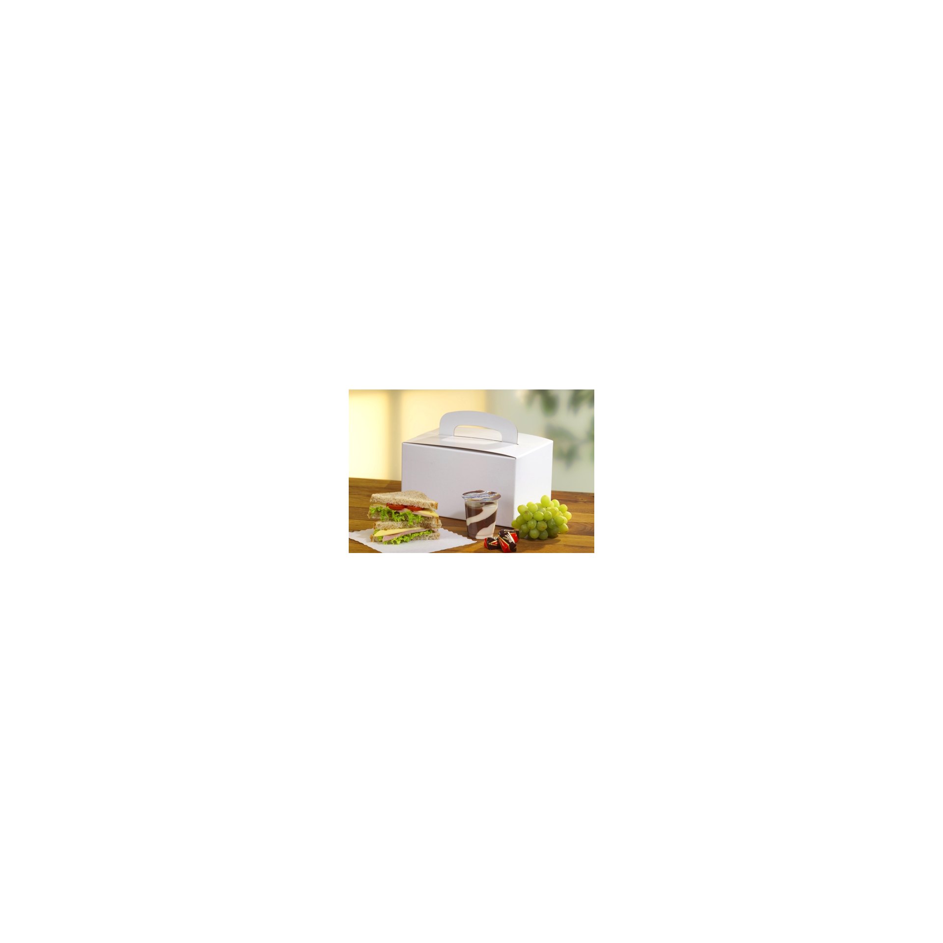 Lunch-Boxen, Pappe "pure" eckig 12,5 cm x 15,5 cm x 22,5 cm weiss mit Tragegriff Lunch-Boxen, Pappe "pure" eckig 12,5 cm x 15,5 cm x 22,5 cm weiss mit Tragegriff