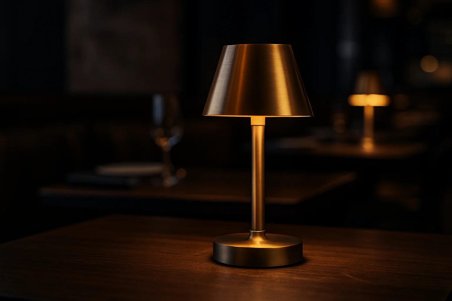 Kleine Tischleuchte mit warmem Licht auf Restauranttisch