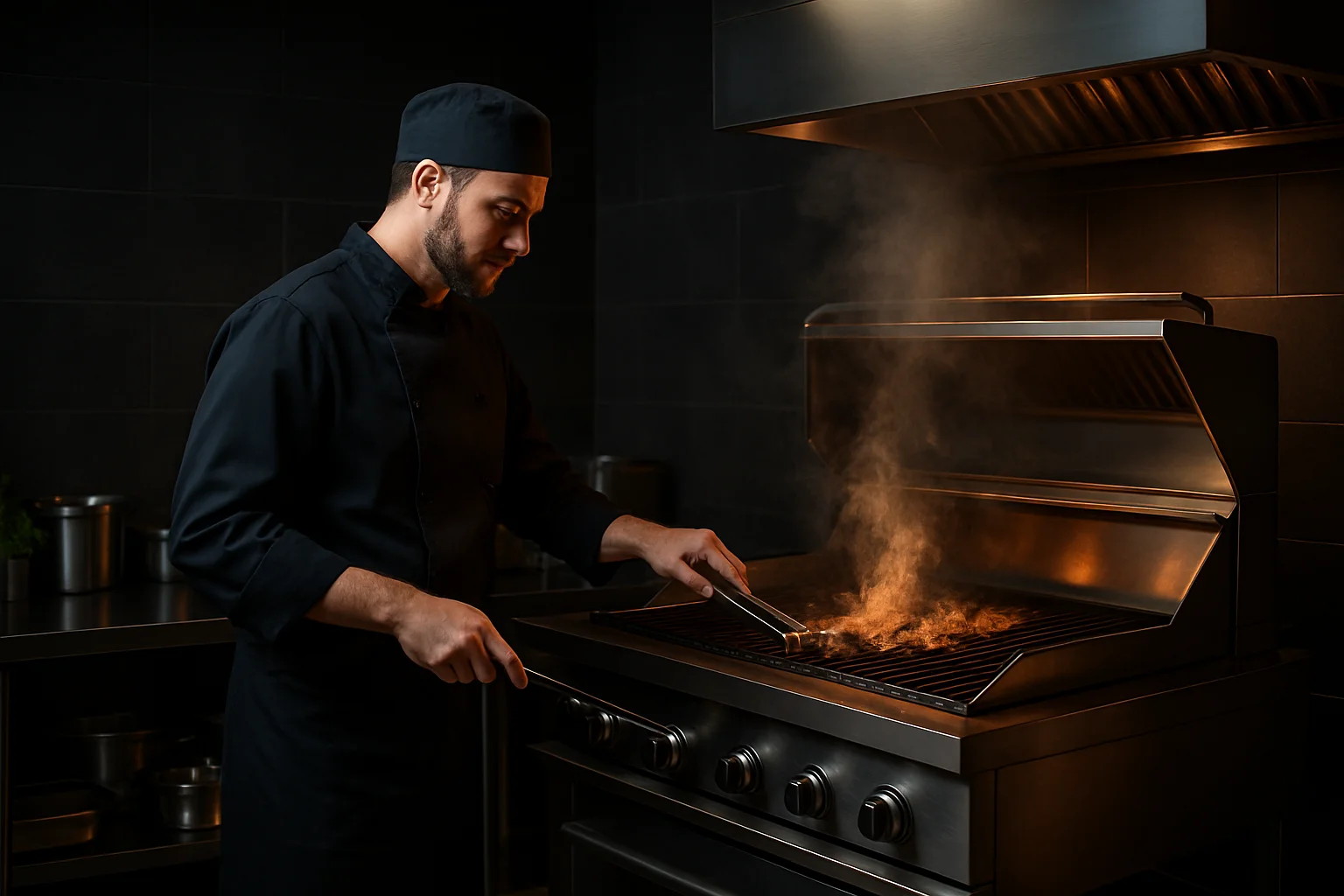 Professionelle Großküche mit gewerblichem Grillgerät und Koch bei der Zubereitung